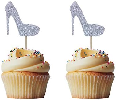 Morndew 24 PCS Silver Glitter Heels Cupcake Toppers for Gender Reveal Party Baby Shower Birthday Party Decorations