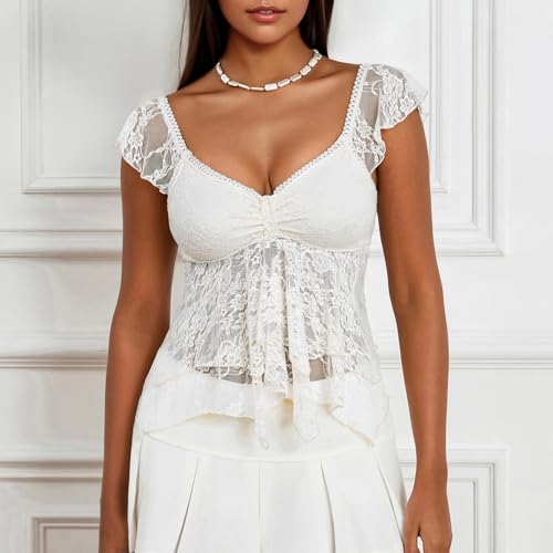 Women Lace Tank Top Cap Sleeve Vintage Floral Sheer Blouse2