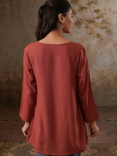 Image of QAZMI Women's Azra Kashmiri A-Line Full Sleeves Viscose Rayon Short Kurti