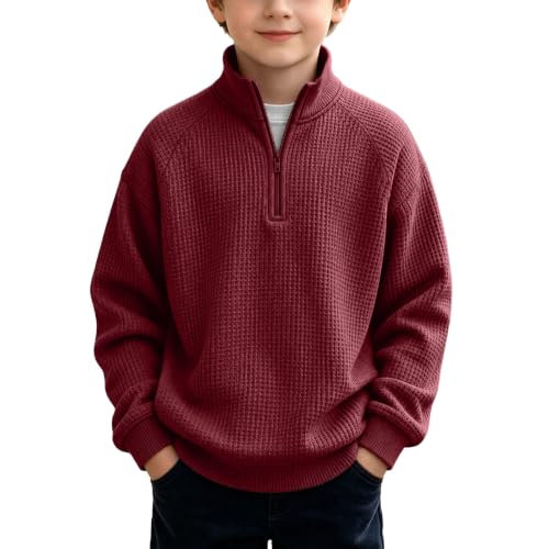 Boys Waffle Knit Quarter Zip Sweatshirts Fashion Long Sleeve Pullover Tops