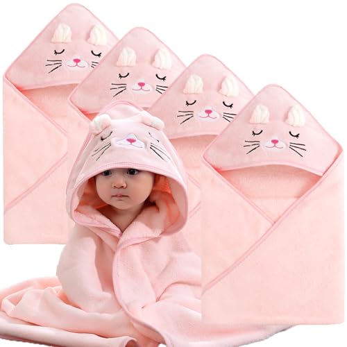 Image of kmilro Baby Hooded Towel, 4-Pack Baby Essentials Baby Towels for Boy and Girl with 31.5x31.5 inch and 4 Different Designs, Soft Absorbent Baby Bath Essential Bath Towel (Pink Cat)