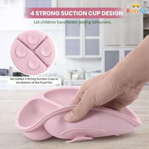 Image of BabyGo Silicone Suction Plate with Spoon for Babies | Microwave, Dishwasher & Freezer Safe | Unbreakable Feeding Plate with 4 Suction Cups for Babies & Toddlers | BPA-Free (Pink)