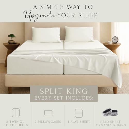 Image of KARISSA MAE Luxury Bamboo Viscose Split King Size Sheet Set, FSC Certified | Includes 2 Twin XL Fitted Sheets | Sleep Number & Adjustable Bed | Cooling | 18 inch Deep Pocket w / Corner Straps [Ivory]