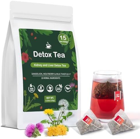 Liver Detox Tea, Liver Cleanse Detox & Repair Dandelion Milk Thistle Tea Support Kidney Health, 10 Precious Ingredients Formula Herbal Teabags for Men & Women (1 Pack/15 Bags)