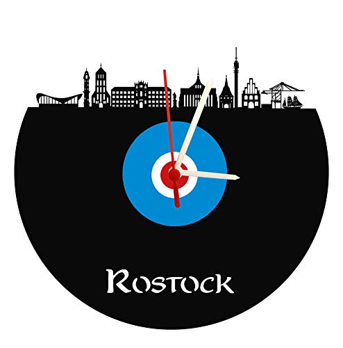 bigcopy e.K. Rostock Skyline - Reloj de pared (cristal acrílico, movimiento de cuarzo), color azul y blanco