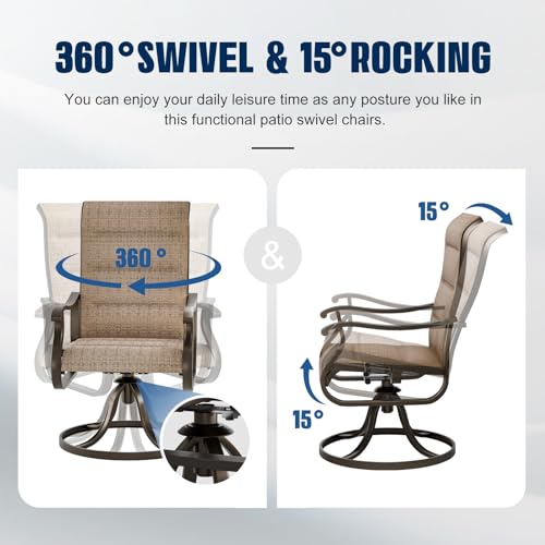 UDPATIO Patio Swivel Chairs Set of 2, Outdoor Dining Chairs High Back with Padded All Weather Breathable Textilene, Metal Rocking Frame for Backyard Lawn Garden, Brown