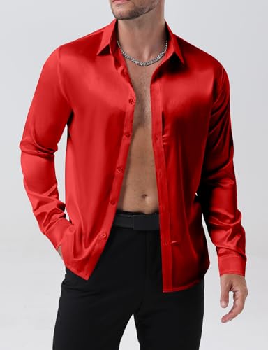 Mens Shiny Luxury Satin Slim Fit Dress Shirts Silk-Like Glossy Long Sleeve Button Down Shirts for Wedding Party Prom2
