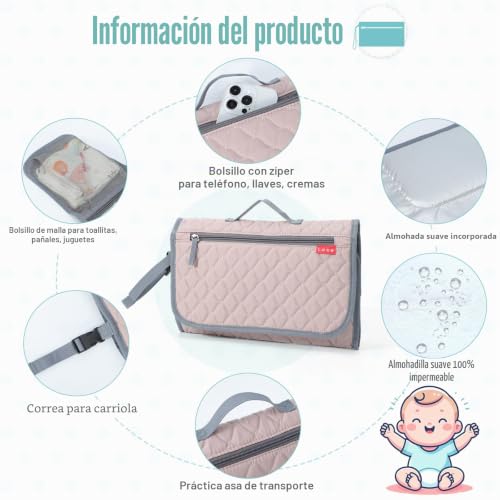 Miniatura 4 de Lekebaby Cambiador De Pañales Portátil Con Bolsillo Y Cojín Para La Cabeza, Acolchado De Diamantes Rosa