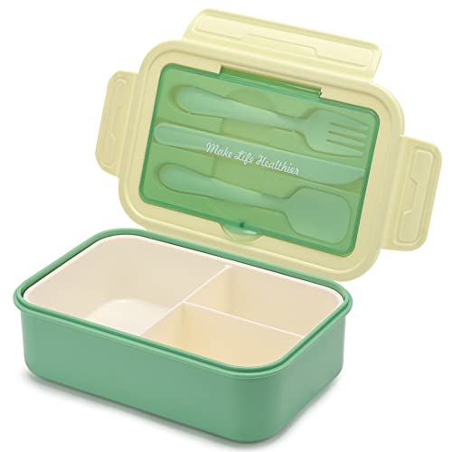 Bento Box for Kids and Adults, 3 Compartment Lunch Box 1100 ML Food Storage Container with Fork, Spoon and Knife, BPA Free, Microwave, Dishwasher Freezer Safe - Green