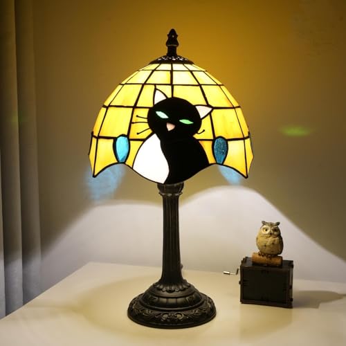 Small Tiffany Lamp Stained Glass Table Lamp Elegant Cute Retro Vintage Style White Black Cat Bedside Night Lamp for Nightstand Bedroom Home Decor Kitchen Counter Antique Living Room Office Fun Lamps