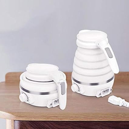 WENGTY 100-240V Food Grade Silicone and Dual Voltage Travel Foldable Electric Kettle; 600 ml with Boil Dry Protection (White)