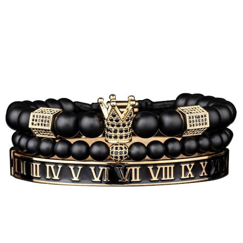 AIDUOMIRZER Men Bracelets Luxury Charm CZ Crystal Crown Gold Color Bracelet Men White Enamel Roman Number Stainless Steel Bangles Europe Fashion Jewelry (3pcs D Black golden)