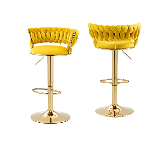 Peihonget Velvet Woven Barstools Set Of 2, Height Adjustable Kitchen Counter Stool, Island Chair, 360°Swivel Bar Chairs Gold Metal Chassis And Low Back Bar Stool For Home Kitchen Pub (Yellow) #TOP24