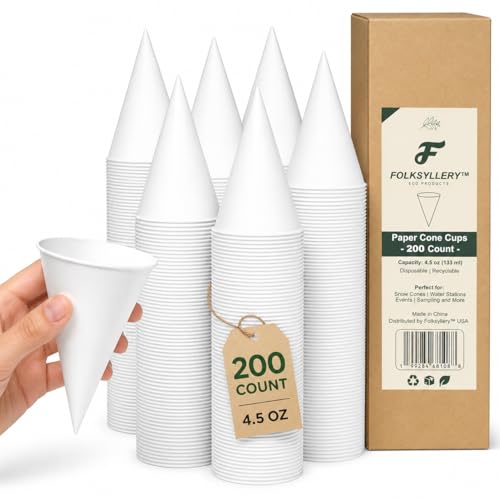 4.5oz Paper Cone Cups 200 Count | Sturdy WaxFree RolledRim Paper Cones for Snow Cones Water Dispensers & Sampling (200 Pcs)