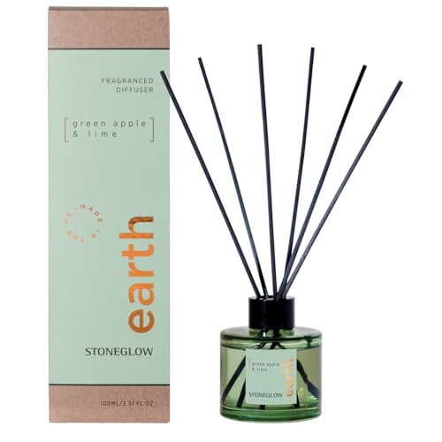 Stoneglow Elements Collection Earth Green Apple & Lime Scented Reed Diffuser 100ml, Lasts 8 Weeks, 12 Rattan Reed Diffuser Sticks, Refillable & Reusable Fragrance, Air Freshener for Home