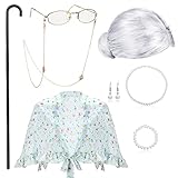 BBTO Old Lady Costume Granny Wig Grandma Shawl Grandma Cane Frame Glasses with Chain Faux Pearl Necklace Bracelet Earrings(Fresh, Silver White Hair)