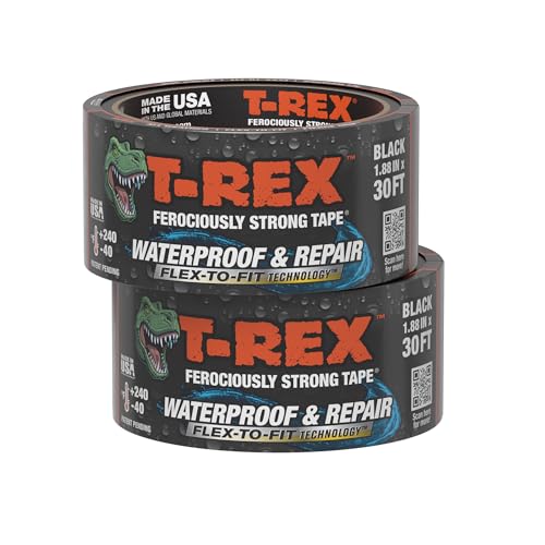Image of T-REX Flexible Waterproof Tape - Heavy Duty Adhesive Waterproofing Tape for Repair, Leaks, Roof Patches - Extreme Weather & UV Resistance - Black, 1.88 inch x 30 ft. (Pack of 2)