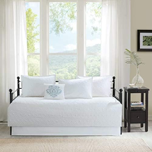 6 Piece White Floral Daybed Set Bedding, Geometric Coastal French Country Shabby Chic Motif Flower Design Pattern Day Bed Bedskirt Pillows, Polyester