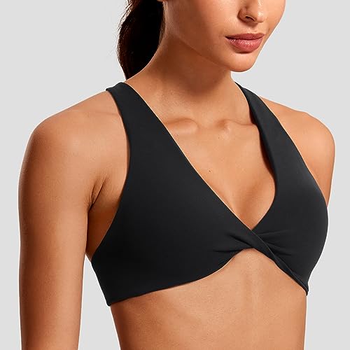 VANTONIA Womens Butterluxe Twist Front Sports Bra Deep V-Neck Crop Top Strappy Cross Back Bra with Nipple Covers-Vivi Bra3
