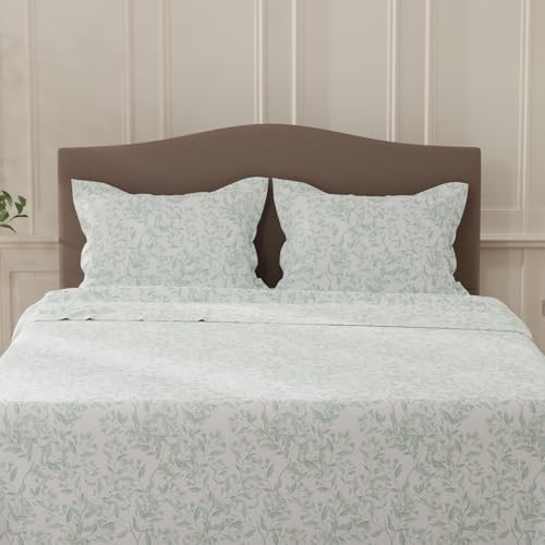 Image of Layers 100% Cotton Bedsheet for Double Size Bed | Lumina Floret Collection | 144 TC Soft & Breathable | Floral Print with 2 Pillow Covers | Wrinkle Free | 3 Piece Bedding Set - Green & White