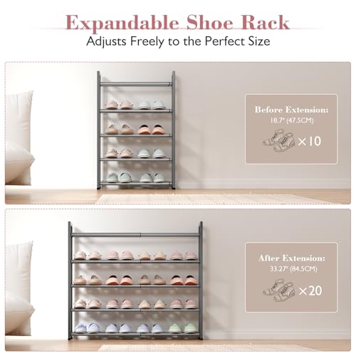 Image of Bumusty 5-Tier Expandable Shoe Rack for Closet, 18 inch-33 inch Adjustable Shoe Rack for Small Space, Small Shoe Organizer for Front Door, Sturdy Metal (Grey)