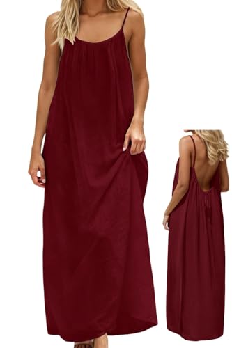 makabaky Sommerkleid Damen Lang Leinen Strandkleider Rückenfrei mit Kordelzug | Bequemes Maxikleid mit Spaghettiträger für Lounge Urlaub & Freizeit