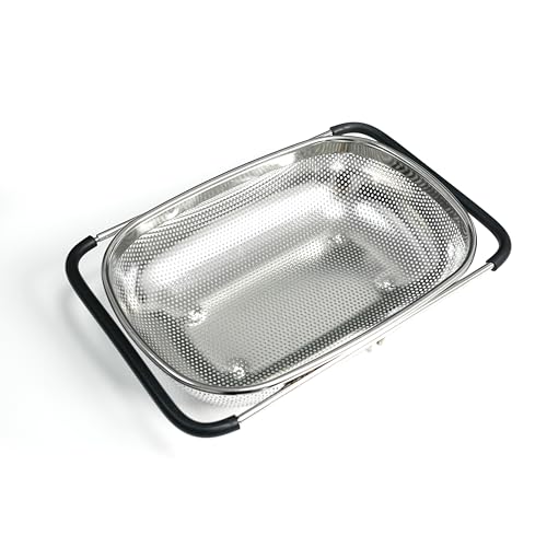GREATLINK Over Sink Expandable Colander - Fine Mesh Strainer Basket with Extendable Handles for Kitchen, 6QT Vegetable Fruit Pasta Strainer for Washing Rice, Kitchen Colander