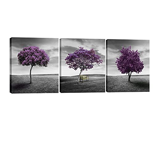Pyradecor 3 Panels Purple Trees Giclee Canvas Prints Wall art Paintings for Living Room Bedroom Home Decorations Large Modern Gallery Wrapped Landscape Fall Forest Pictures Artwork Ready to Hang L