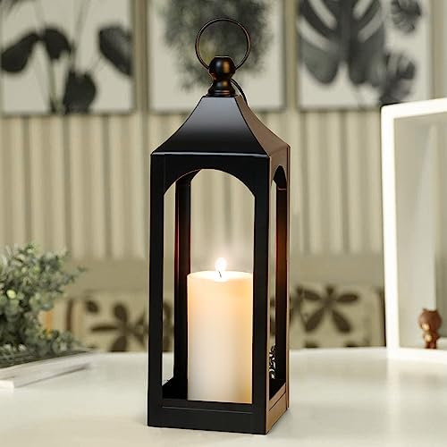 Modern Farmhouse Lantern Decor, Black Metal Decorative Hanging Candle Lanterns Ideal for Home Decor, Parties & Events, 15.1" High (No Glass Panel) - Image 5