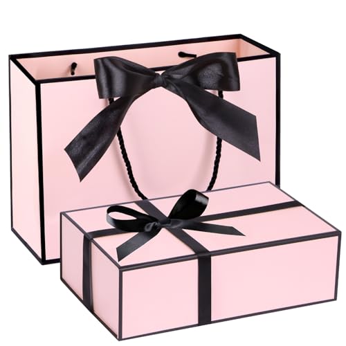Magnetic Gift Box with Lids Ribbons and Gift Bag for Presents, 9.5x6x3'' Pink Gift Box with Bag Set for Women Girl Her, Cut Box for Bridesmaid Gifts, Christmas, New Year, Mother's Day, Halloween, Birthday, Wedding Gift box, Keepsake Boxes for Memories