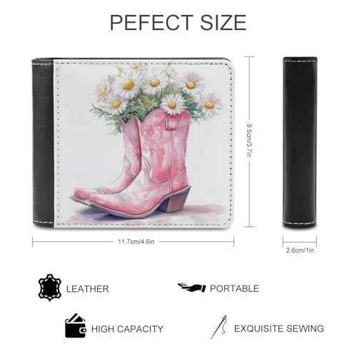 Watercolor Pink Cowgirl Boot Vase Daisies Soft PU Leather Bifold Wallet, Coin Purse Credit Pass Case, Durable Card-Holder Slim Billfold for Men Woman Money Storage2