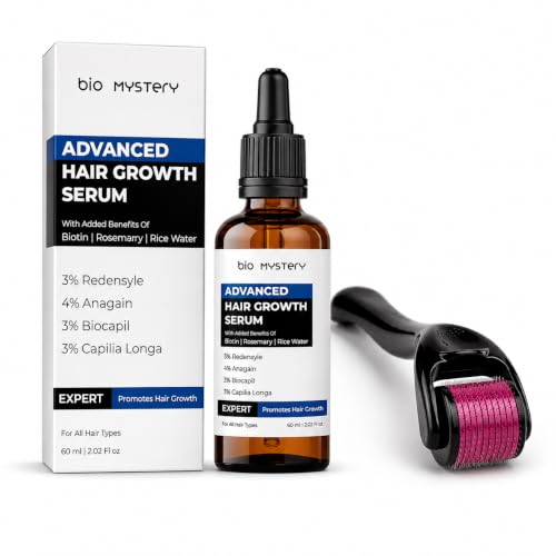 Image of Advanced Hair Growth Serum With Derma Roller 0.5 mm | 3% Redensyl + 4% Anagain + 3% Biacapil + Capilia Longa with Biotin, Rosemary & Rice Water - Hair Fall Control & Thicker Hair - 60 ml / 2.02 fl oz