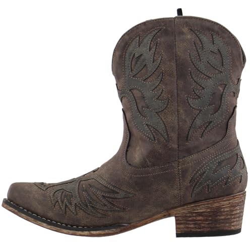 Image of ROPER Womens Amelia Tooled Inlay Snip Toe Casual Boots Ankle Low Heel 1-2 inch - Brown