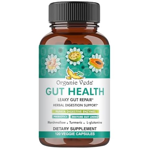 Organic Veda Gut Health Supplement - Leaky Gut Repair Capsules with Papaya Digestive Enzymes, Prebiotics, L-Glutamine, Turmeric - Support Bowel Movement & Cleanse Colon - 120 Count Cover