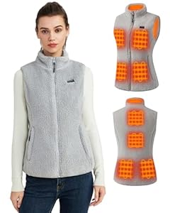 Hecusma Grau Flauschige Heizweste Damen mit 16000mAh 7.4V Powerbank inklusive, Sherpa Beheizte Weste Damen, Elektrische Fleece Wärmeweste für Outdoor-Ski-S