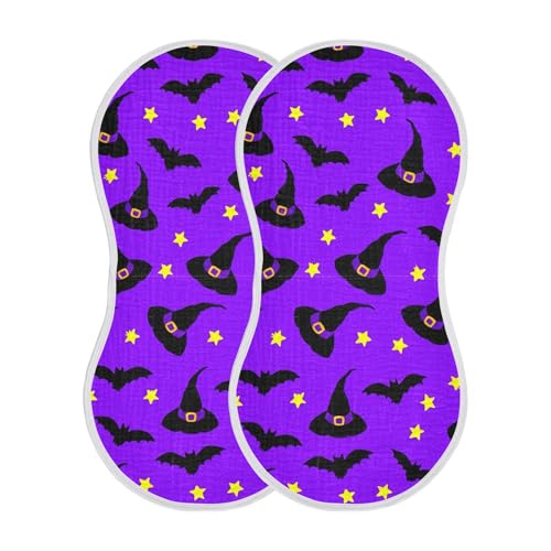 Burbuja Witch Hats Bats on Purple Muslin Baby Burp Cloths, Soft & Absorbent Cotton Burping Rags for Newborn Boys & Girls, 2 Pack