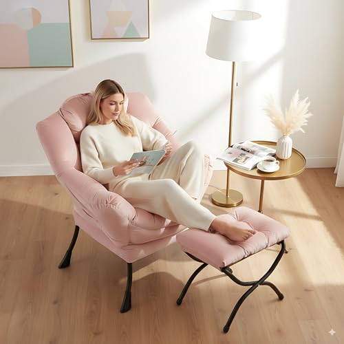 Image of LITA Lazy Chair with Ottoman, Modern Accent Leisure Upholstered Sofa Chair, Contemporary Lounge Reading Chairs with Armrests and a Side Pocket for Living Room, Bedroom & Small Space, Pink