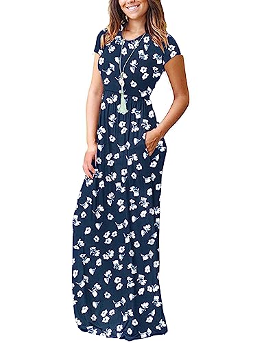 Image of AUSELILY Women's Summer Short Sleeve Loose Plain Casual Long Maxi Dresses | Year Round wear solid floral print, Casual wear, Empire waist, Floor length, Side pockets