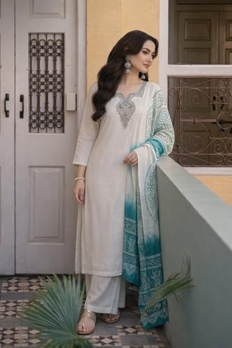 Image of ANNI Designer Women's Viscose Blend Embroidered Straight Kurta with Palazzo & Dupatta | Ethnic Kurta Set for Women | Festive Traditional Suit Set | Office, Party & Wedding3 Outfit
