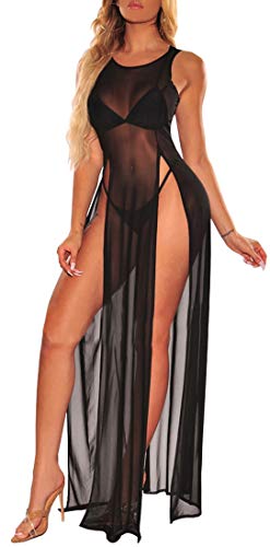 FairBeauty Women's Sexy Mesh Sheer Swimsuit Cover Ups Long Beach See Through Dress A-black