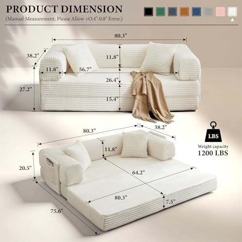 Image of Boneless Couch Futon Sofa Bed Sectional Couches for Living Room,Cloud Couch with Sleeper Sofa,Sofas for Living Room Oversized Corduroy Upholstered (White, 81 Inches (with Iron Frame))