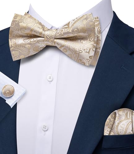 Image of YOHOWA Paisley Striped Men Bow Tie Pre-Tied Formal Adjustable Colorful Bowties Handkerchief Cufflinks Set Wedding Party
