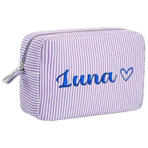 Personalized Makeup Bag, Seersucker Travel Toiletry Bag Monogram Cosmetic Bag Preppy Makeup Pouch Initial Travel Toiletry Case Wedding Birthday Bridesmaid Graduation Gifts for Women Teen Girls(Purple) Cover