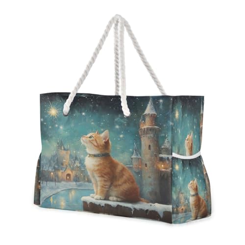 Cat and Star Beach Bag & Travel Tote Bag Large Sandproof with Zipper Closure, Wet Pouch for Swim Gym Travel, Lightweight Foldable Outdoor Bag