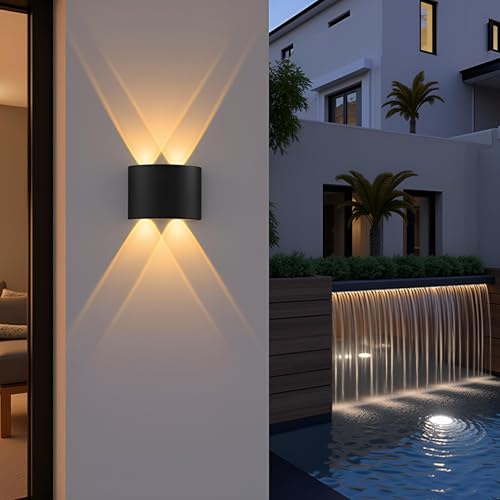 Image of Waterproof Up Down Led Wall Lamp, Aluminium IP65 Body 2+2 Ray, Warm White, Indoor /Outdoor Decorative Wall Sconce Light (4 Ray Warm White)