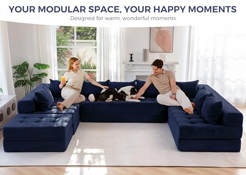 Image of MAXYOYO Modular Sectional Sofa Couch, Foldable Oversized U Shaped Cloud Couch with Pillows, Tufted Boneless Lounger Floor Sofa Bed for Living Room, No Assembly Required, Navy
