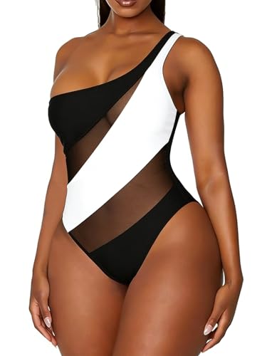 Ciryssa One Shoulder Swimsuits for Women Tummy Control Sexy Mesh Patchwork One Piece Bathing Suit High Cut Color Block Monokini
