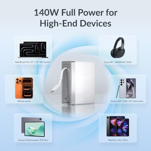 Image of Gitryin 140W GaN Retractable USB C Laptop Charger, for MacBook Pro Charger | Computer Charger with 31.5in Type-C Cable, 2 USB C Ports, Fast Charging for MacBook Pro /Air, iPad, iPhone 17 /16, White