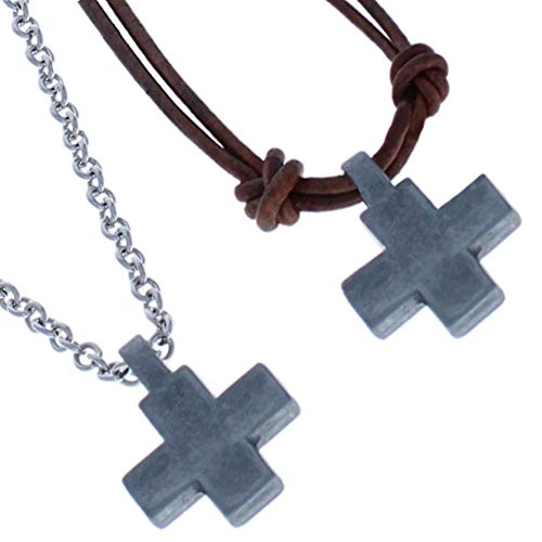 Timeless-Treasures High Quality Double Strand Leather Cord Metal Cross Necklace AND Stainless Steel Chain w/Metal Cross Necklace (Handmade in USA)