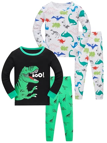 SOIBEEN Pyjamas für Jungen Dinosaurier Schlafkleidung Baumwolle Nachtkleidung 4-teilige Kinder Langarm PJs Set 4 Jahre